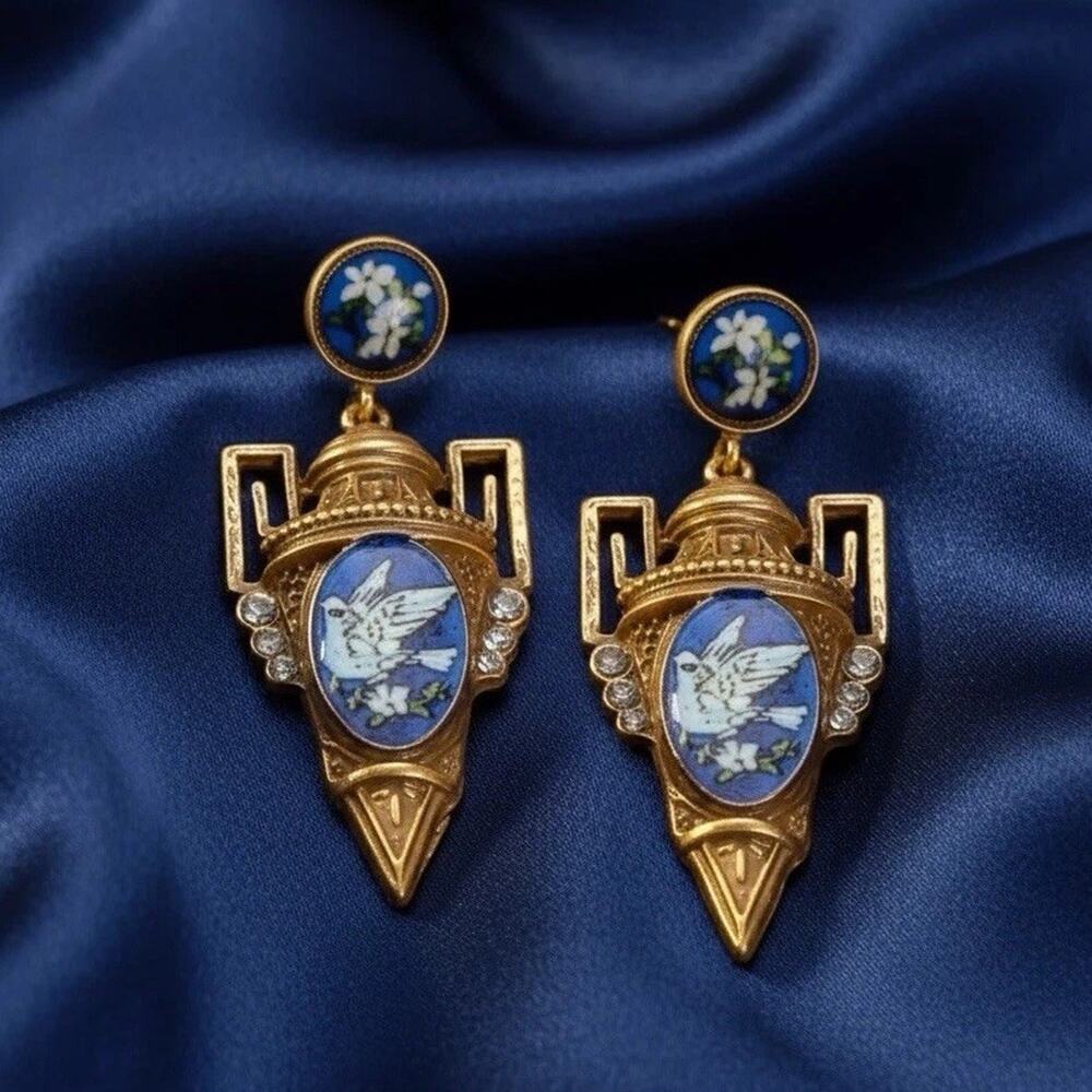 Museum Dove Bird Earrings Ornate Flower VTG Palace White Gold Court Vase Blue CZ